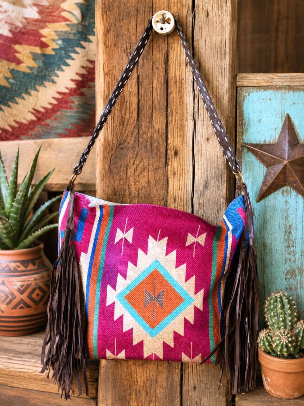 Southwestern Magenta Fringe Tote Bag Purse Faux Leather Western Aztec Canvas NWT